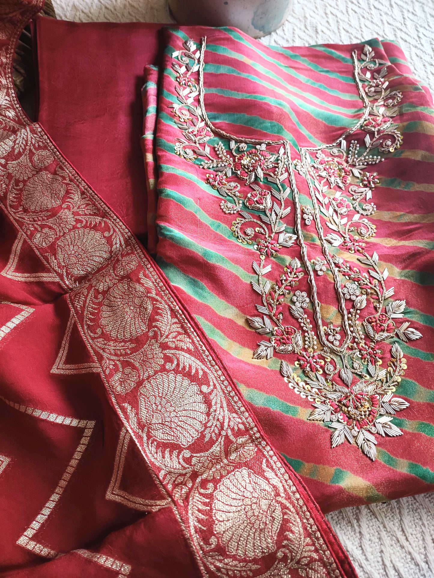Magenta & Green Striped Shimmer Georgette Suit with Intricate Embroidery