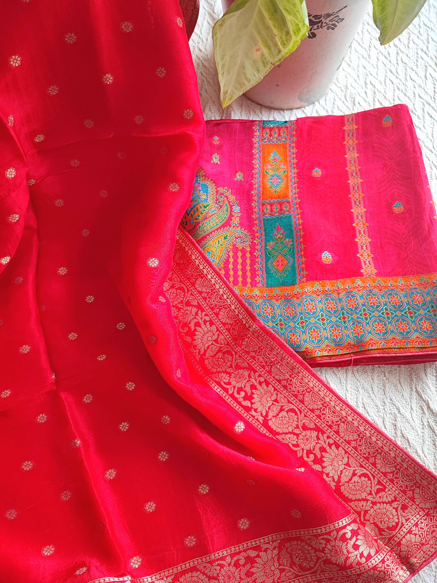 Elegant Pink Banarasi-Inspired Crepe Silk Suit Material with Woven Dupatta