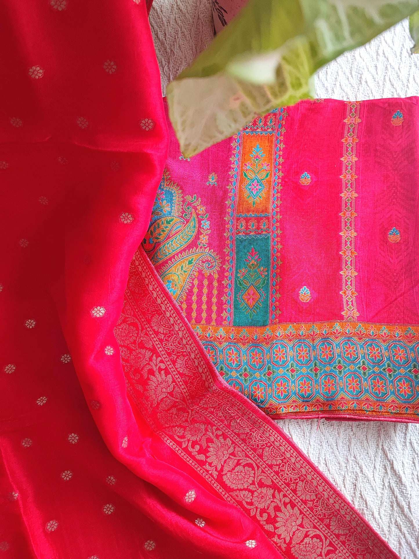 Elegant Pink Banarasi-Inspired Crepe Silk Suit Material with Woven Dupatta