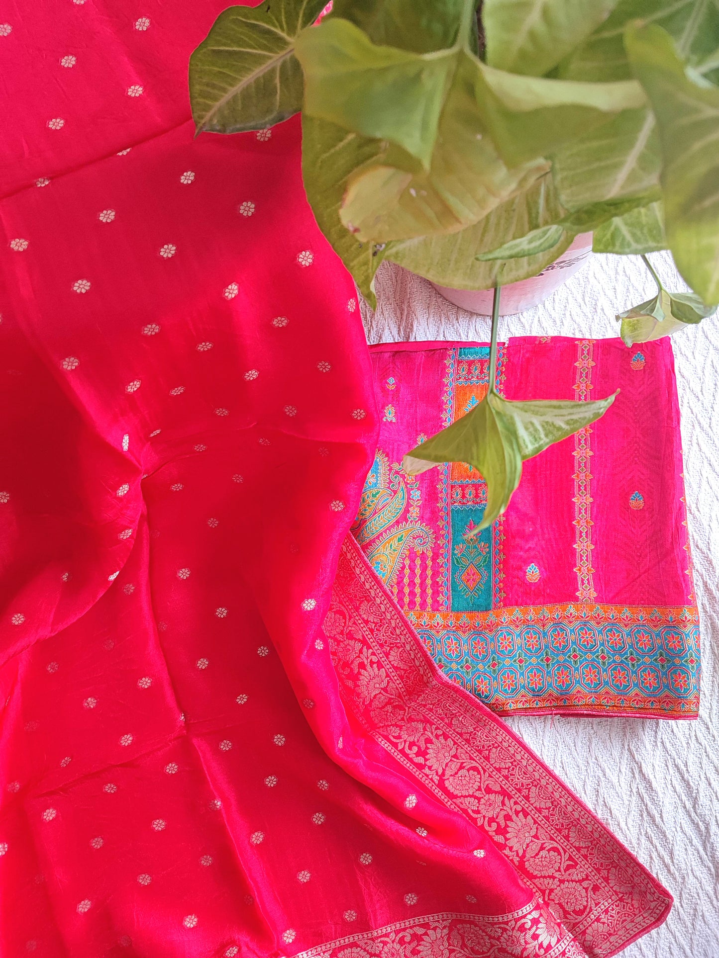 Elegant Pink Banarasi-Inspired Crepe Silk Suit Material with Woven Dupatta
