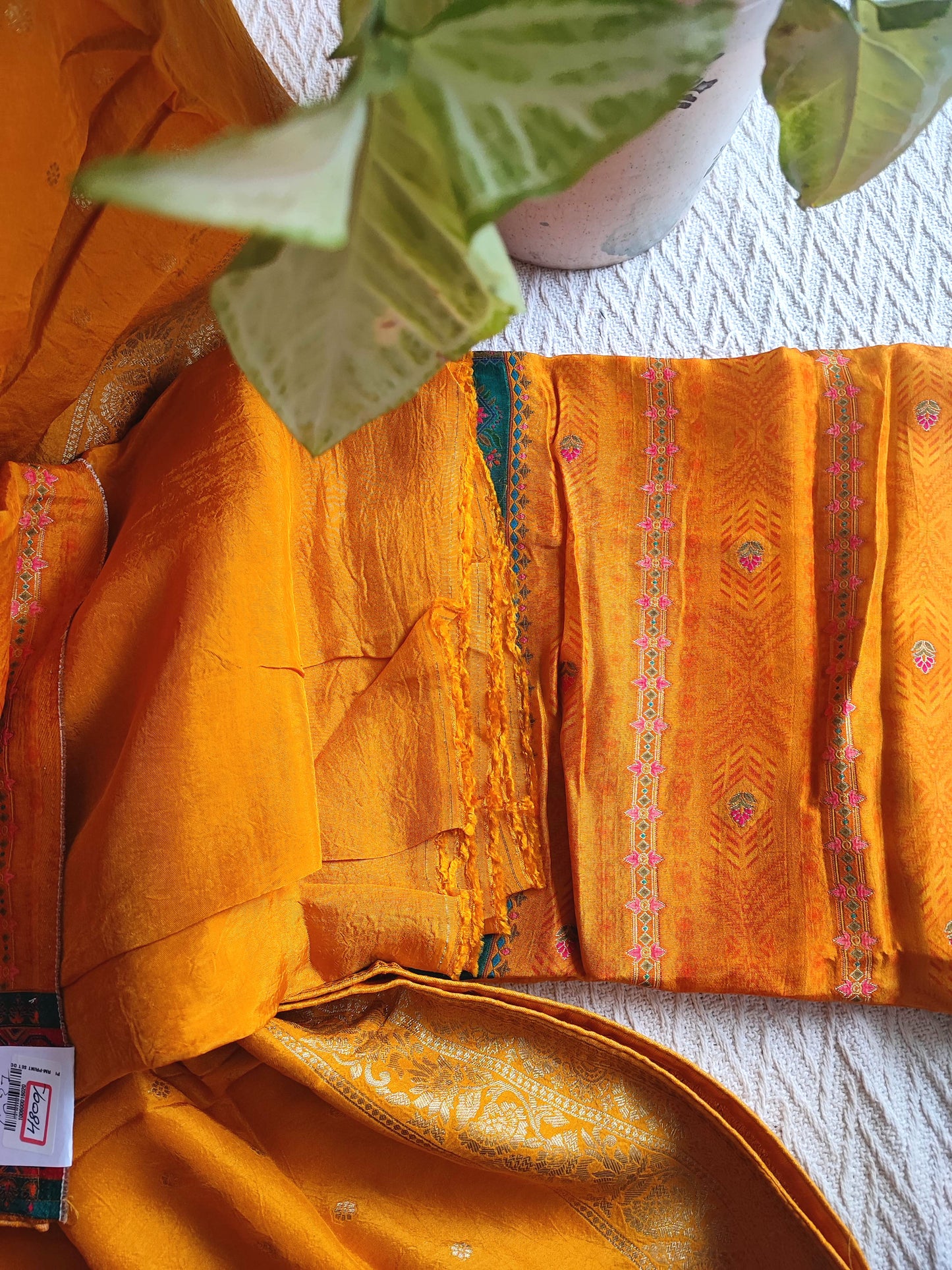Festive Mustard Orange Crepe Silk Suit Material with Rich Woven Dupatta