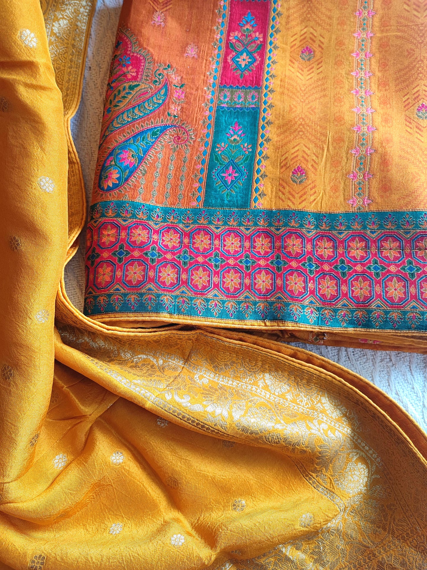 Festive Mustard Orange Crepe Silk Suit Material with Rich Woven Dupatta