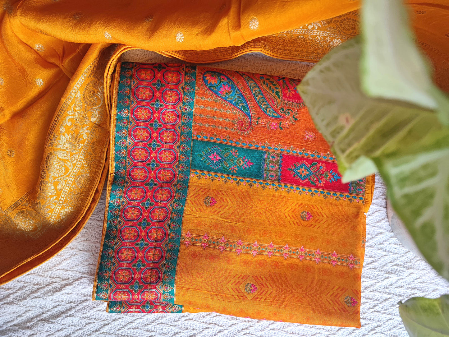 Festive Mustard Orange Crepe Silk Suit Material with Rich Woven Dupatta