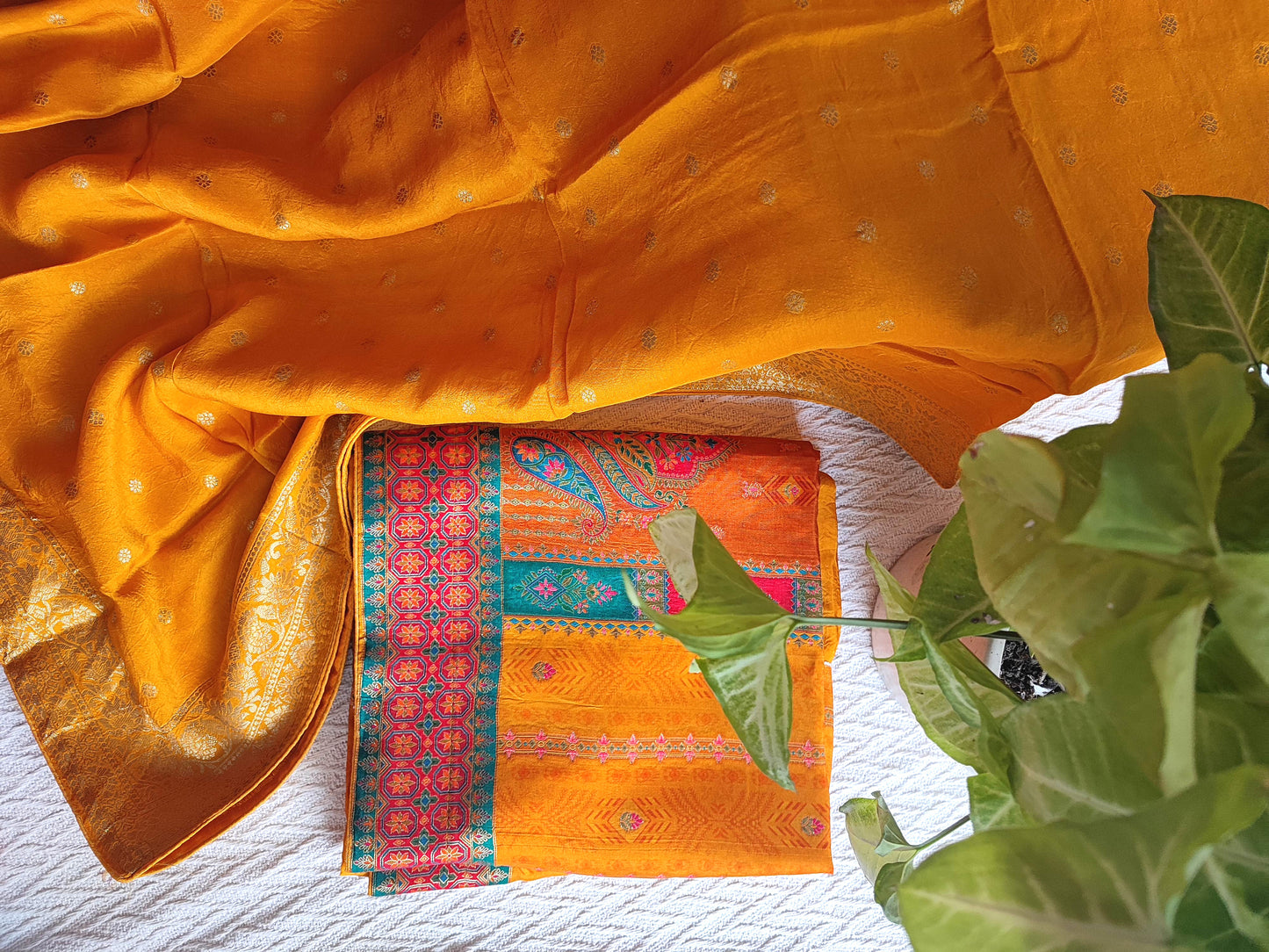 Festive Mustard Orange Crepe Silk Suit Material with Rich Woven Dupatta