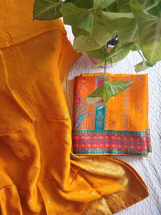 Festive Mustard Orange Crepe Silk Suit Material with Rich Woven Dupatta