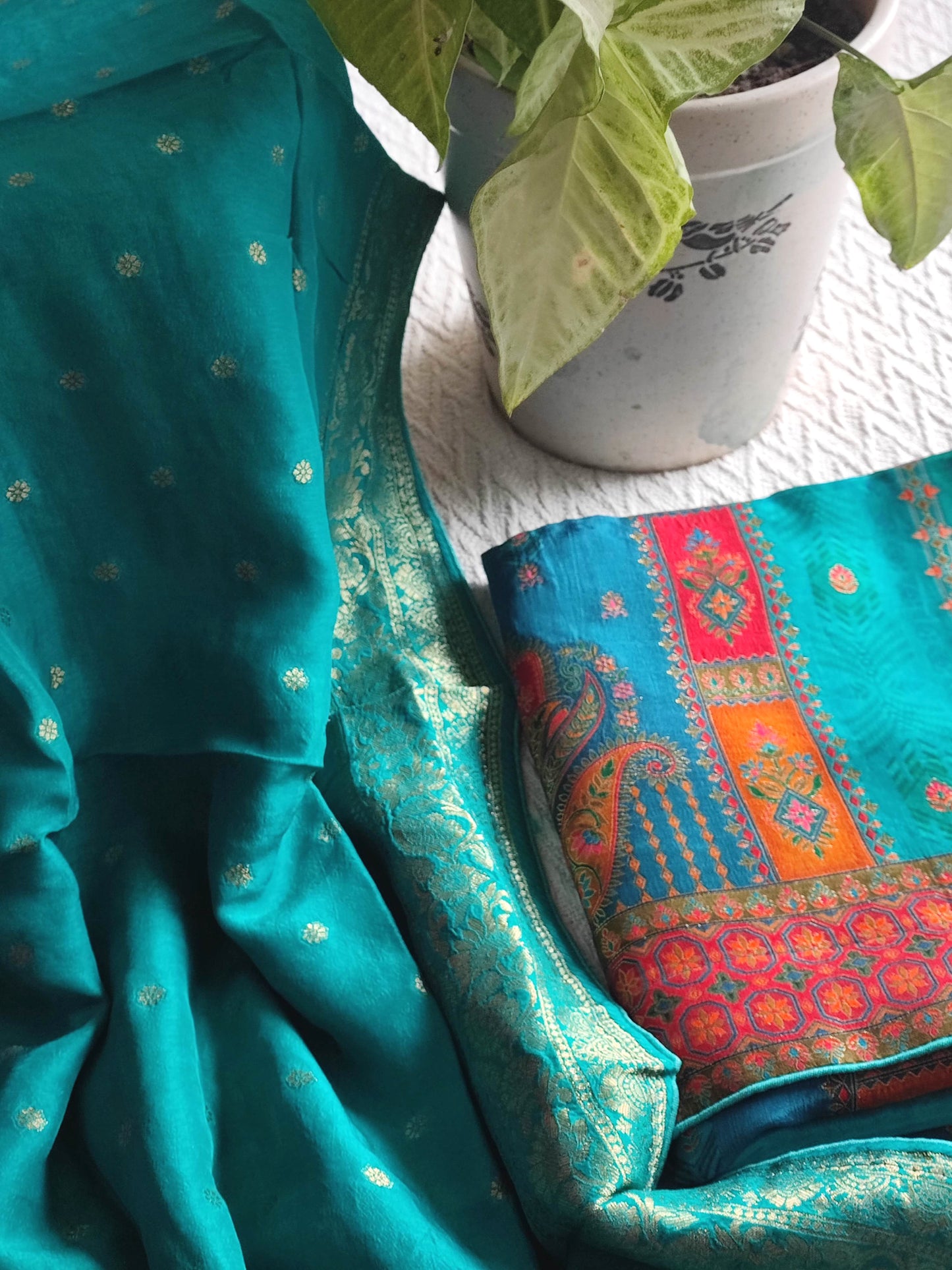 Teal Green Soft Crepe Silk Suit Material with Multicolor Woven Dupatta