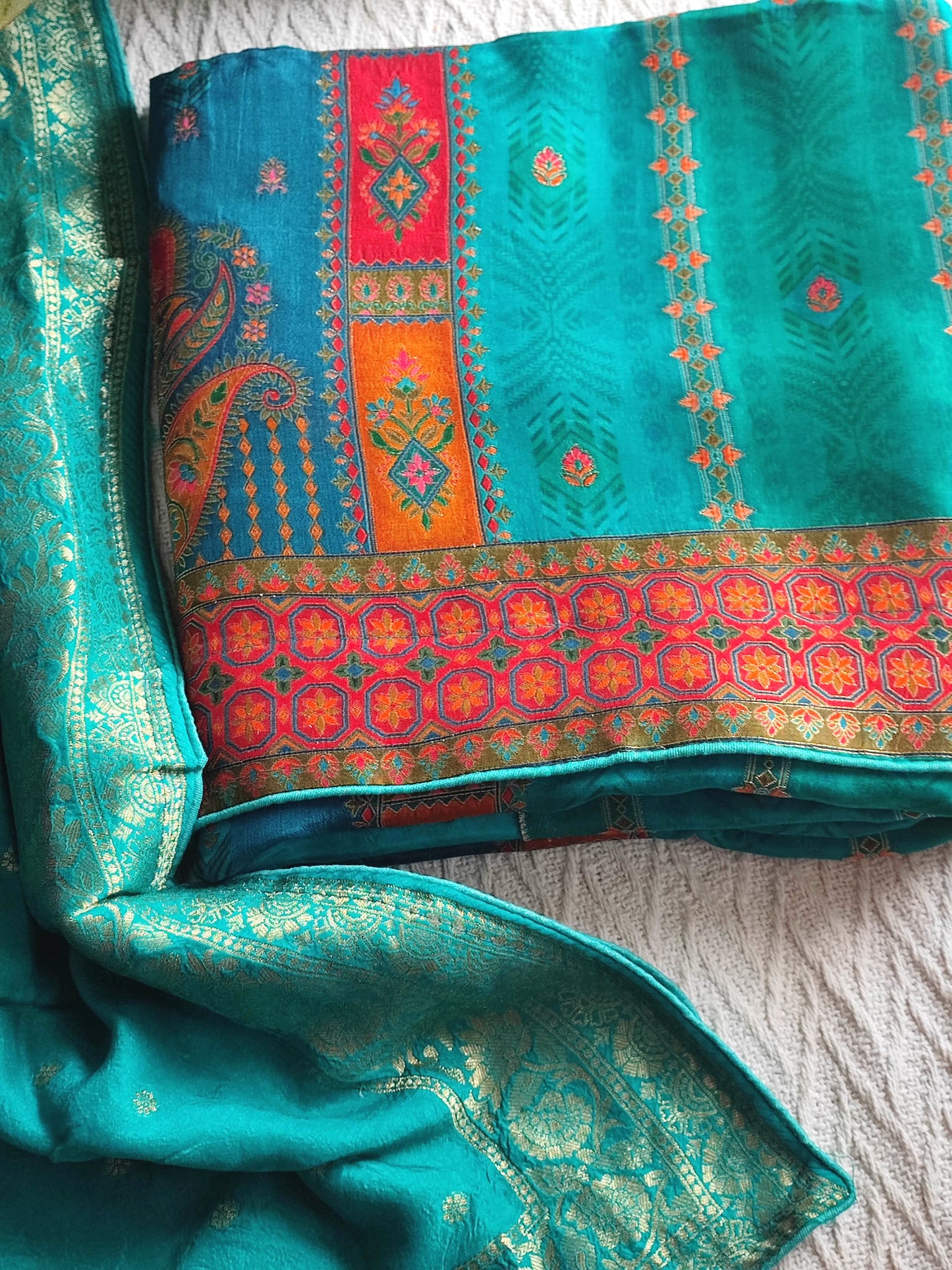 Teal Green Soft Crepe Silk Suit Material with Multicolor Woven Dupatta