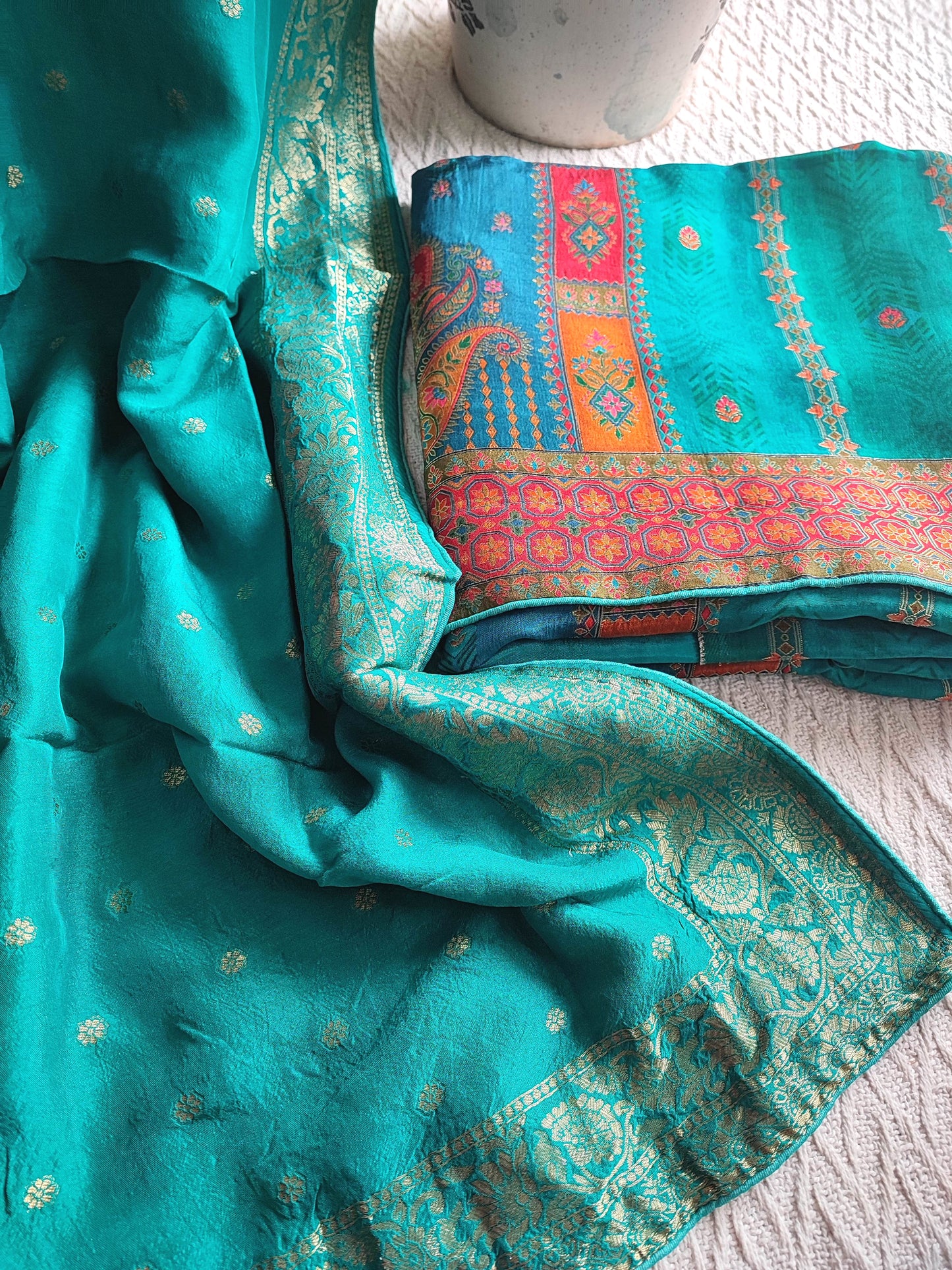 Teal Green Soft Crepe Silk Suit Material with Multicolor Woven Dupatta