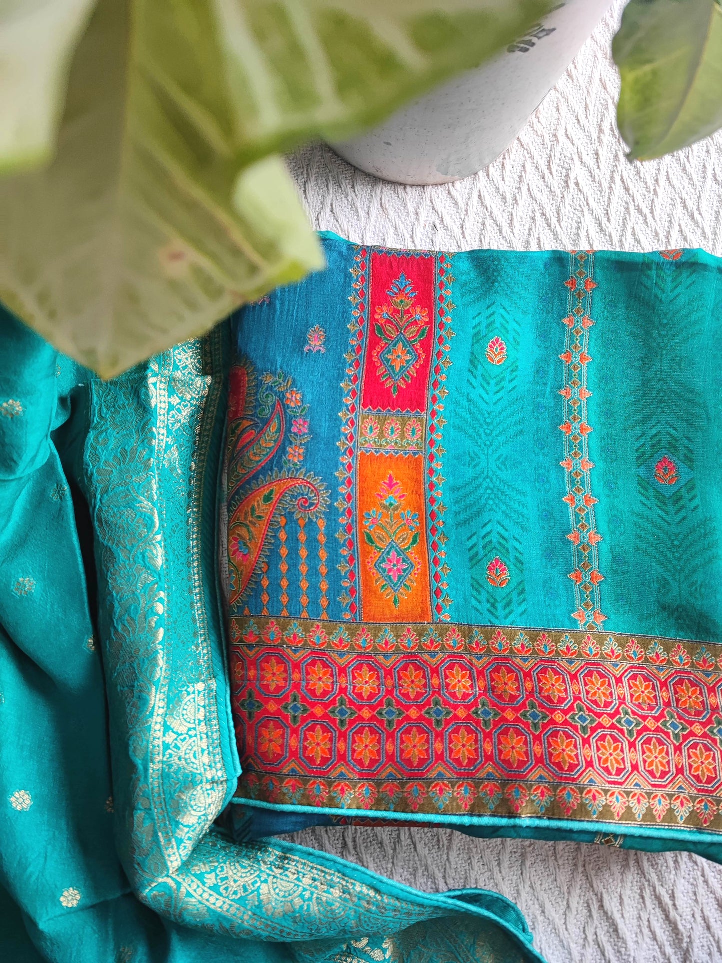Teal Green Soft Crepe Silk Suit Material with Multicolor Woven Dupatta