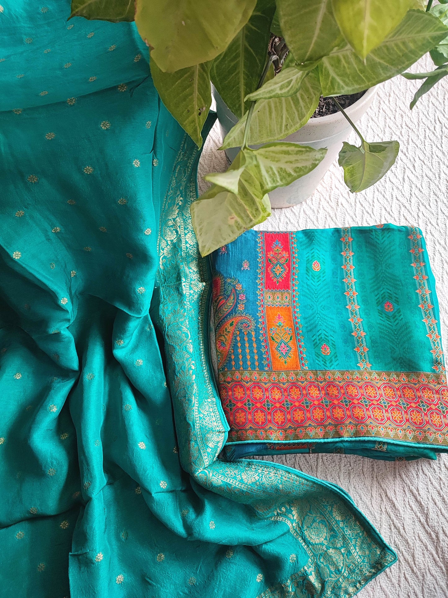 Teal Green Soft Crepe Silk Suit Material with Multicolor Woven Dupatta