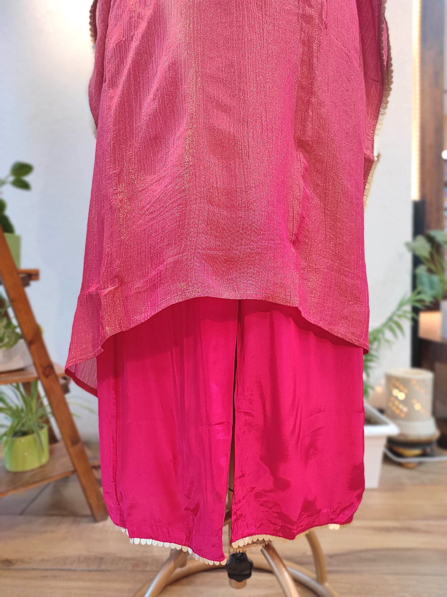 Rani Pink Kaftan-Style Suit in Crushed Tissue Georgette