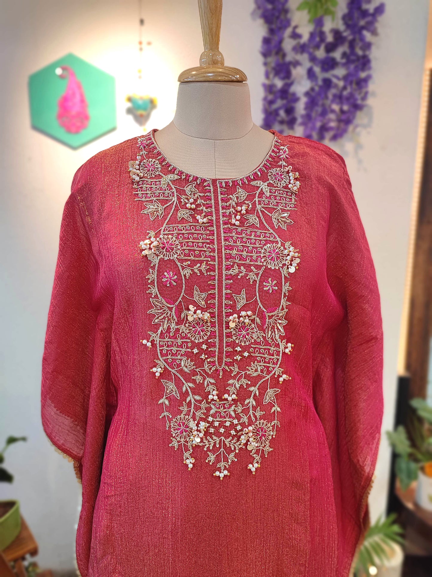 Rani Pink Kaftan-Style Suit in Crushed Tissue Georgette