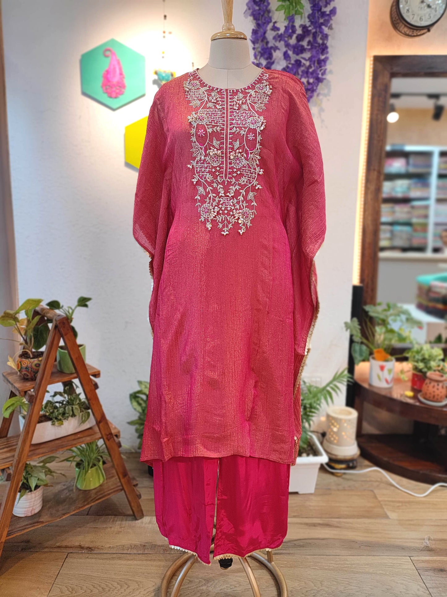 Rani Pink Kaftan-Style Suit in Crushed Tissue Georgette