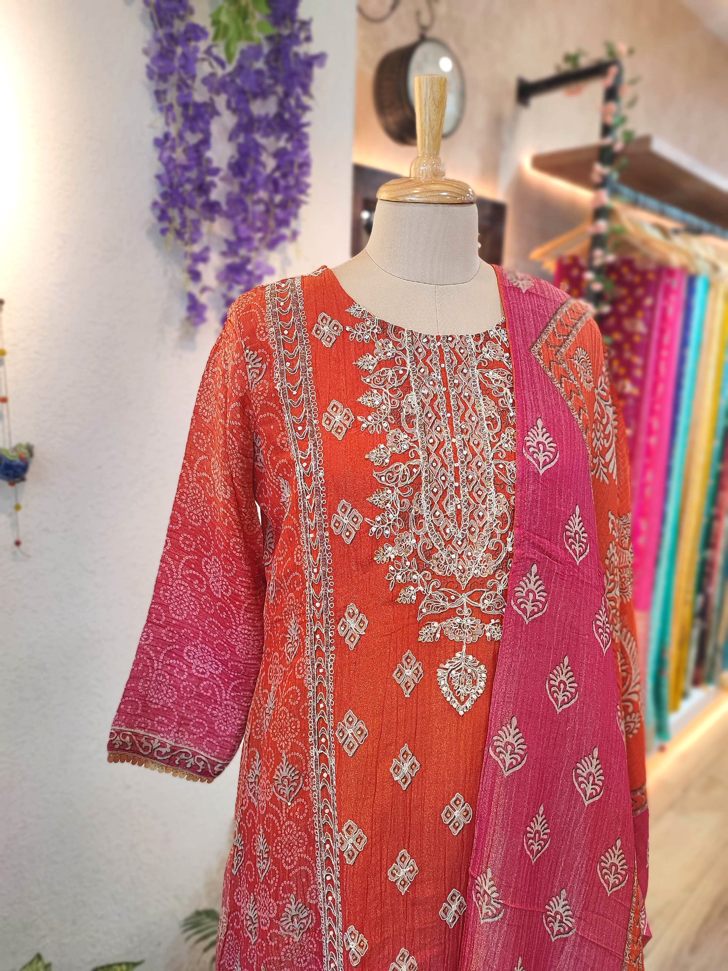 Orange-Pink Georgette Embroidered Suit with Dupatta – Shop Now