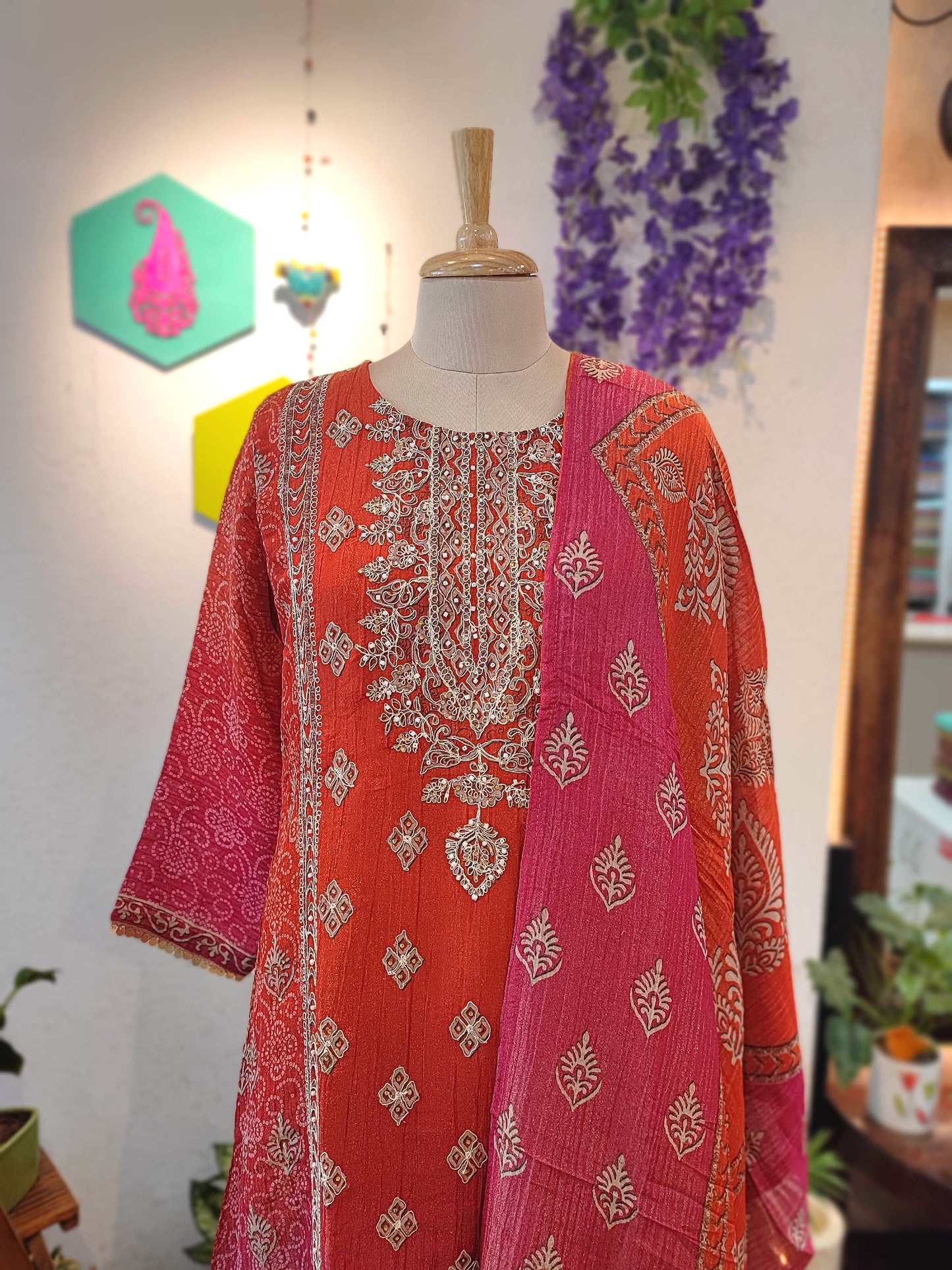 Orange-Pink Georgette Embroidered Suit with Dupatta – Shop Now