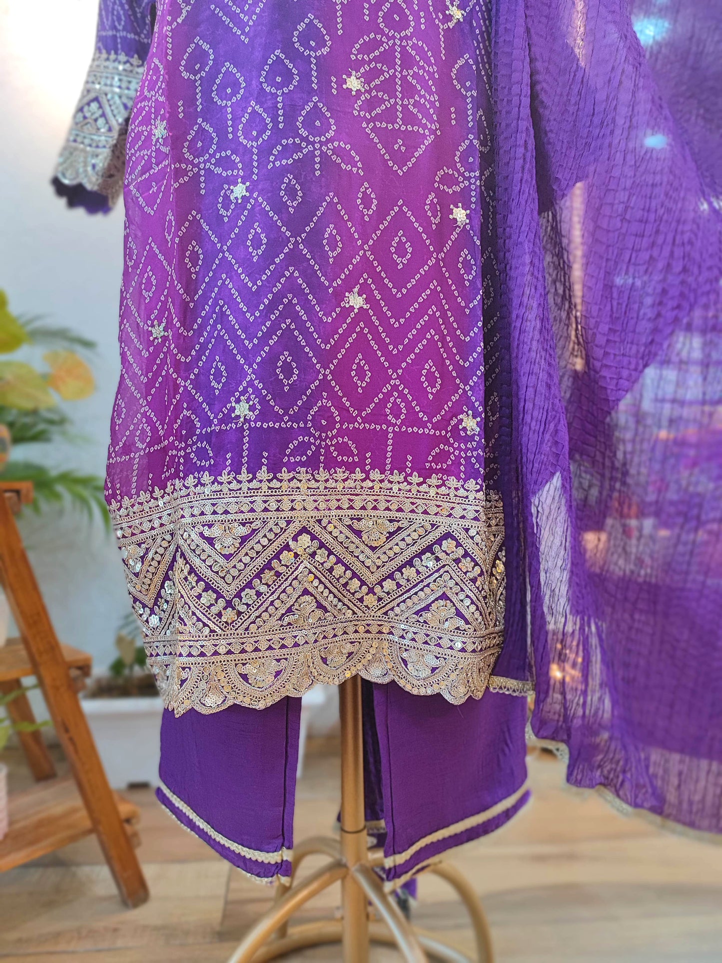 Bandhani Print Soft Crepe Kurta with Gota Patti Work, Georgette Dupatta & Shantoon Bottom