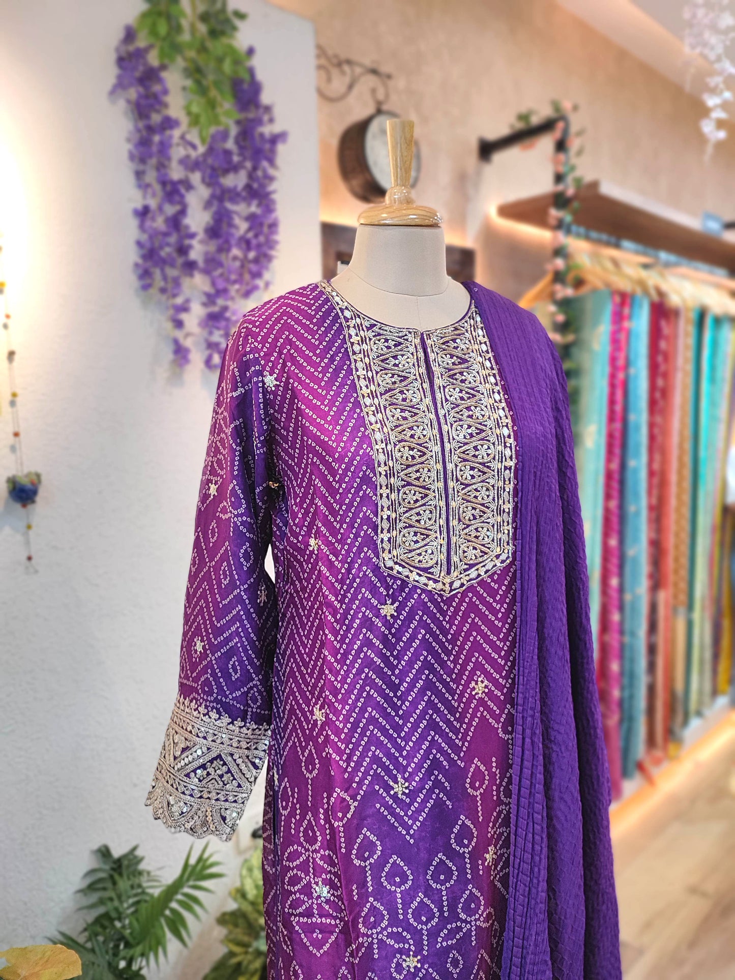 Bandhani Print Soft Crepe Kurta with Gota Patti Work, Georgette Dupatta & Shantoon Bottom