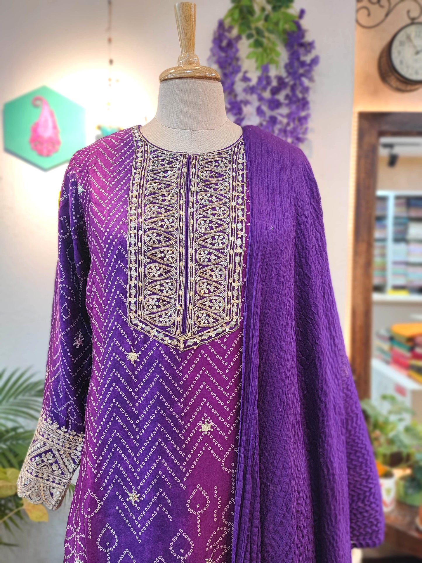 Bandhani Print Soft Crepe Kurta with Gota Patti Work, Georgette Dupatta & Shantoon Bottom