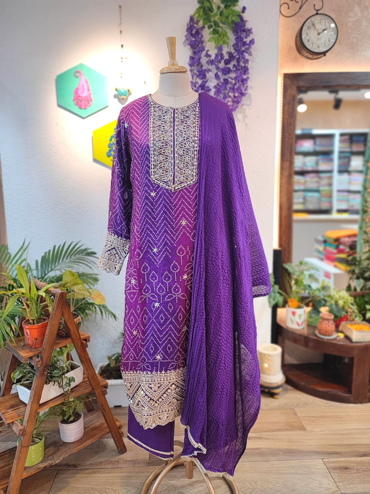 Bandhani Print Soft Crepe Kurta with Gota Patti Work, Georgette Dupatta & Shantoon Bottom