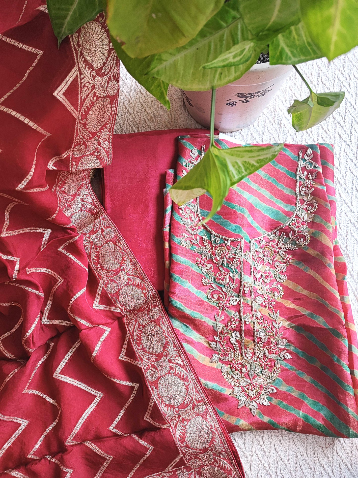 Red Bandhani Unstitched Suit Material – Handwork Embroidery | Shop Now
