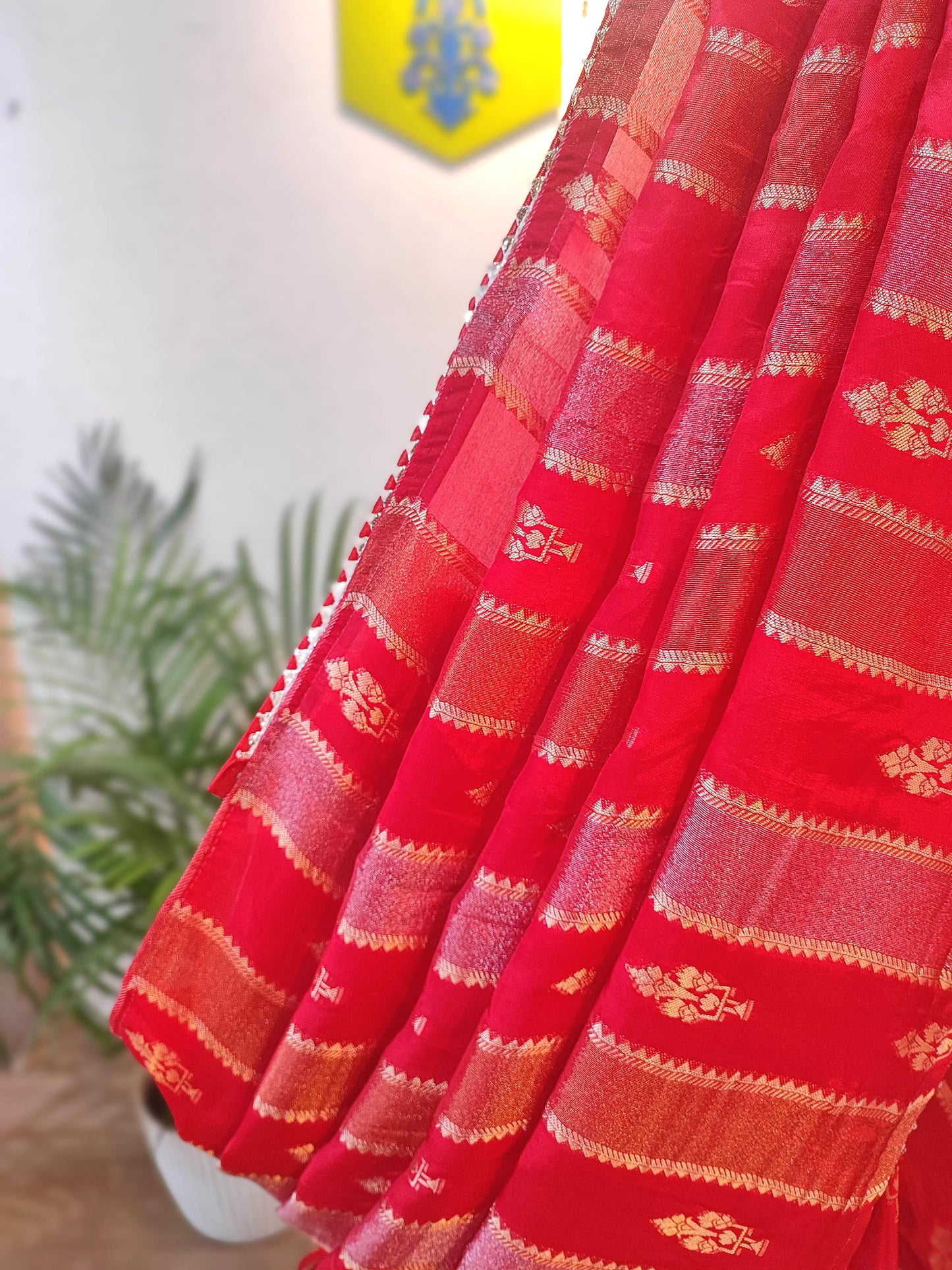 Bright Red Crepe Silk Saree with Banarasi Weaving & All-Over Handwork