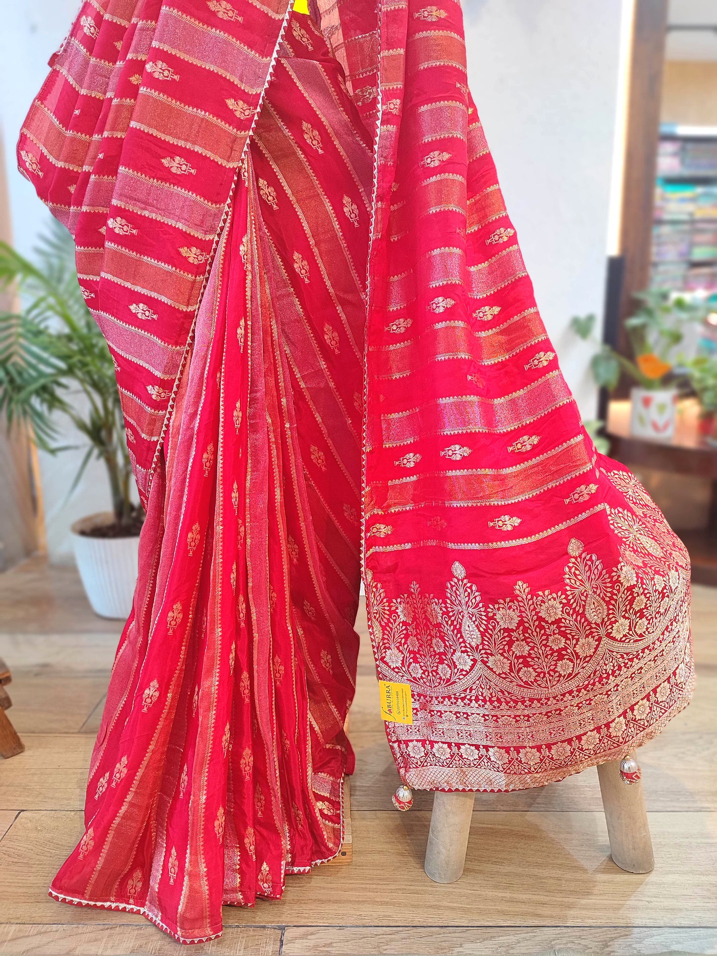 Bright Red Crepe Silk Saree with Banarasi Weaving & All-Over Handwork
