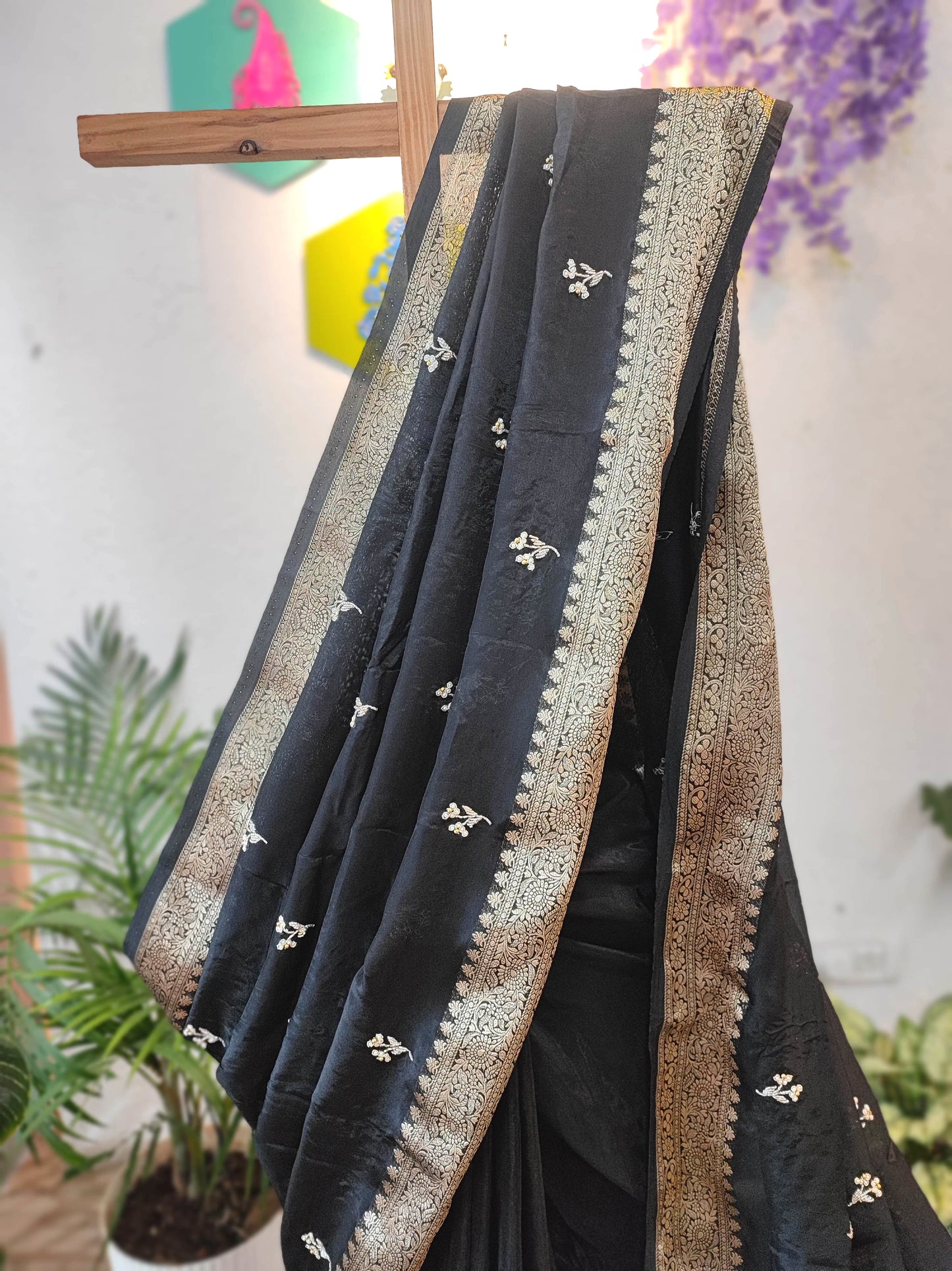 Buy Now Black Crepe Silk Saree with Banarasi Border & Handwork