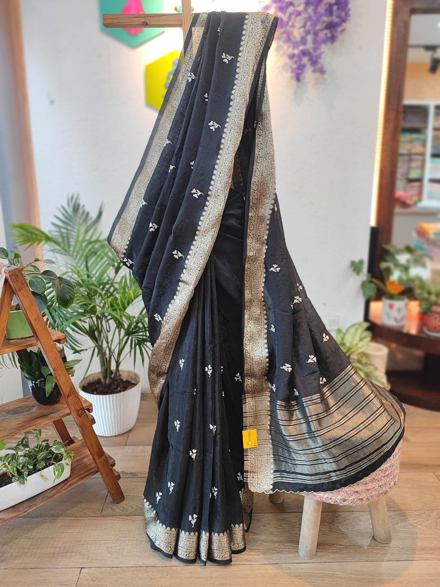 Buy Now Black Crepe Silk Saree with Banarasi Border & Handwork