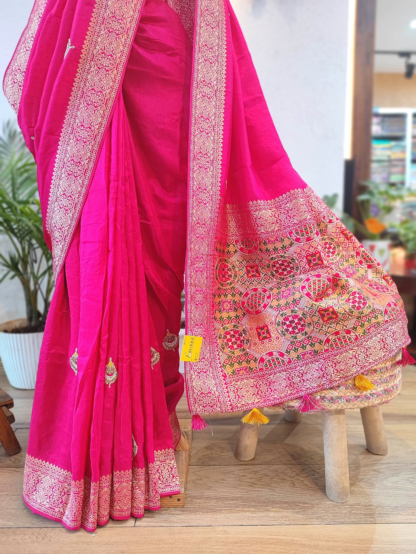 Buy Rani Pink Crepe Silk Banarasi Saree with Handwork Motifs for Wedding