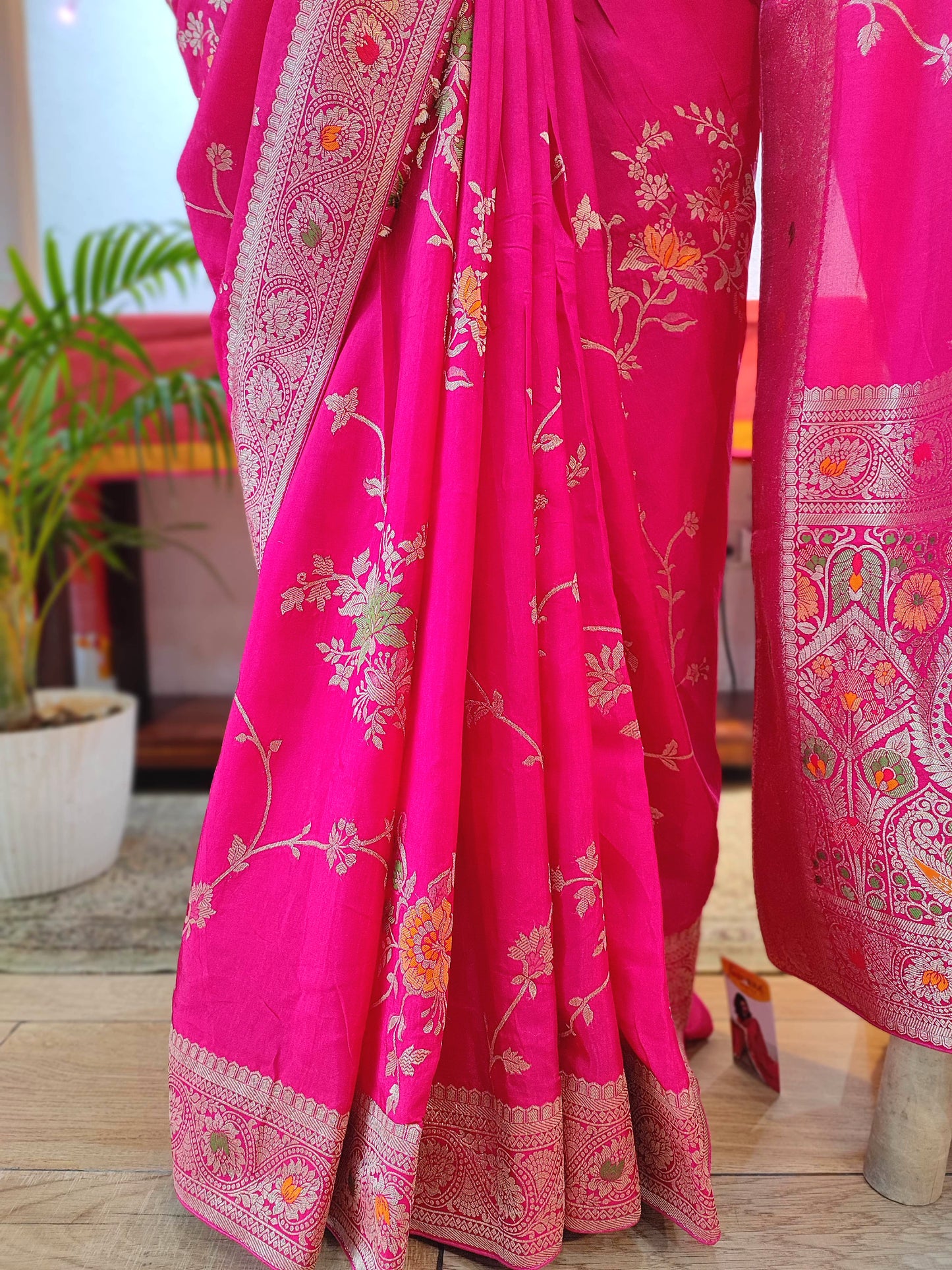 Rani Pink Crepe Silk Saree with Floral Embroidery & Banarasi Pallu