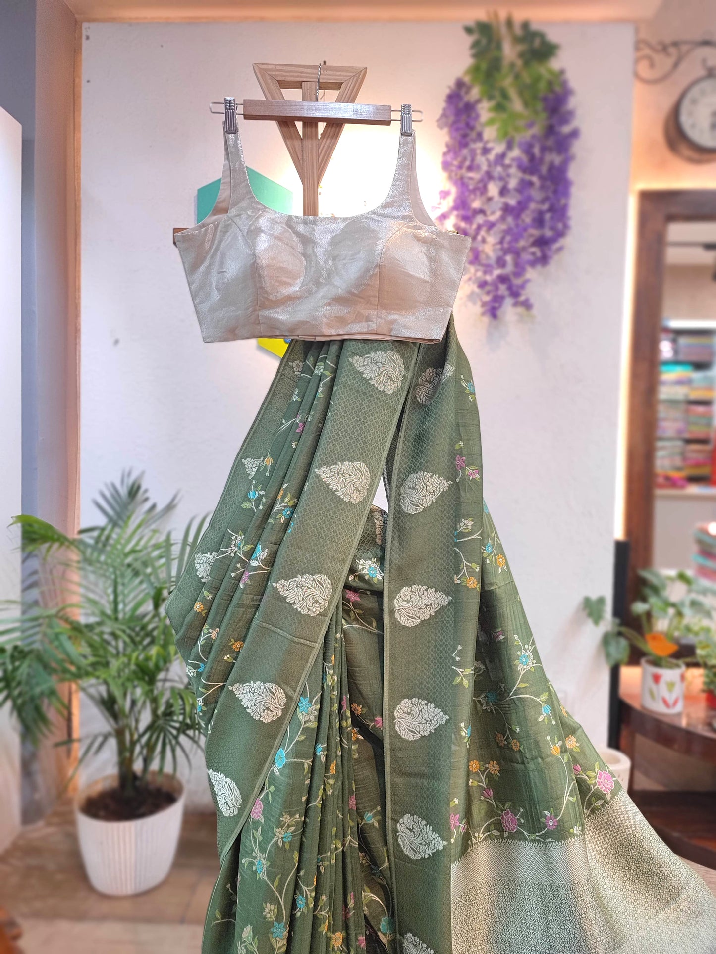 Meenakari Banarasi Crepe Silk Saree in Olive Green | Shop Festive Wear