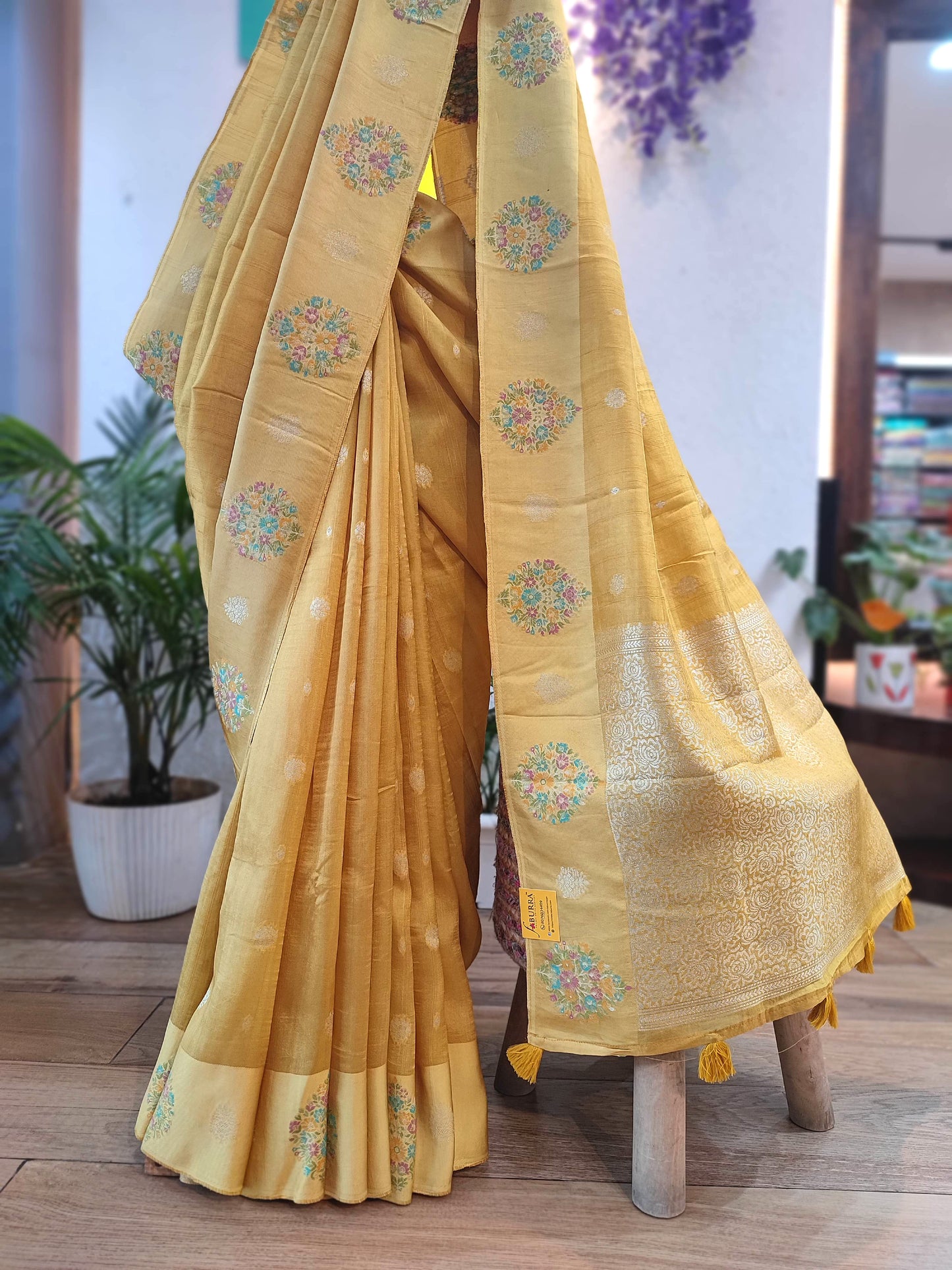 Yellow Crepe Silk Saree with Meenakari Banarasi Weaving | Elegant Party Wear