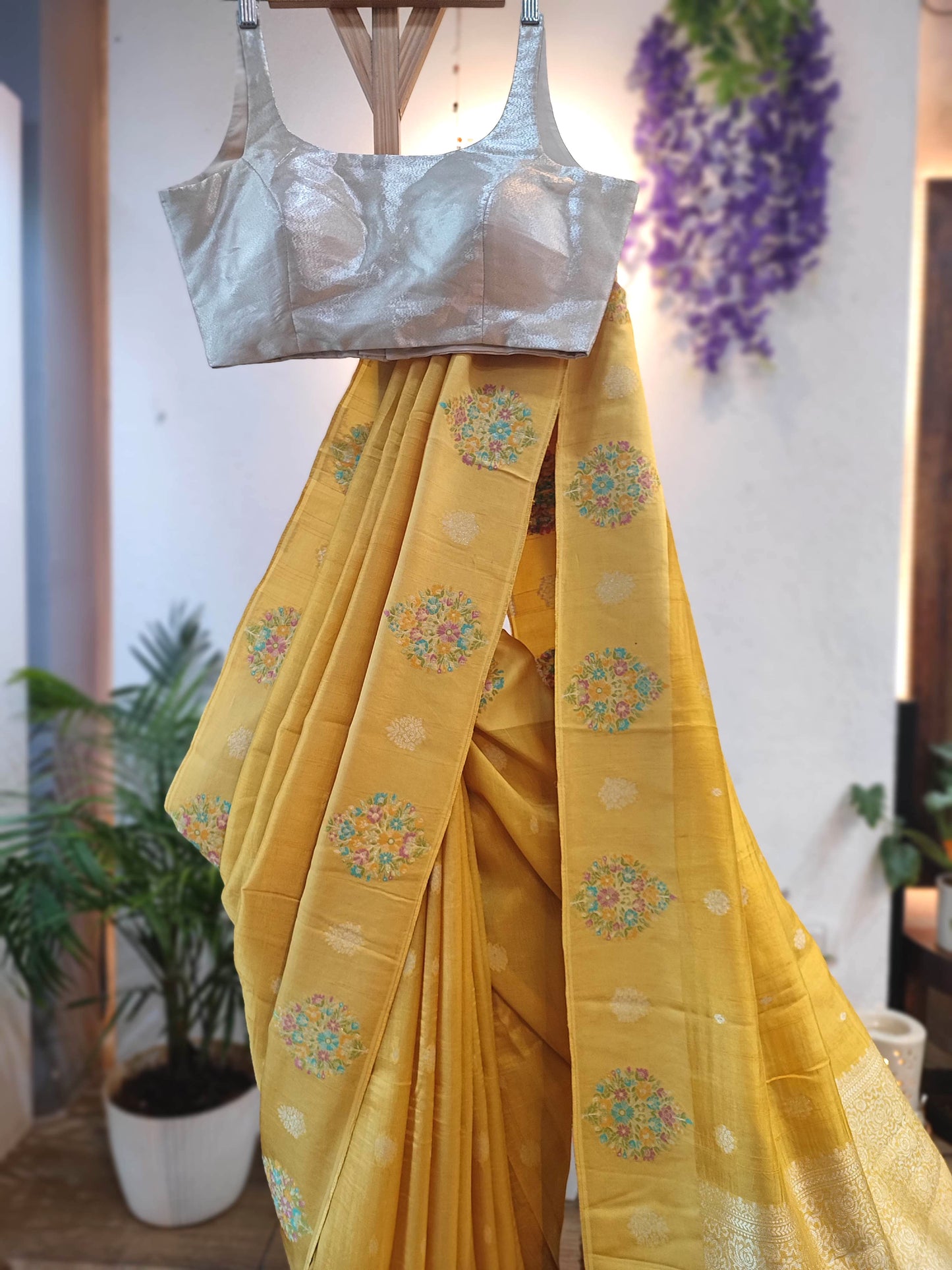 Yellow Crepe Silk Saree with Meenakari Banarasi Weaving | Elegant Party Wear