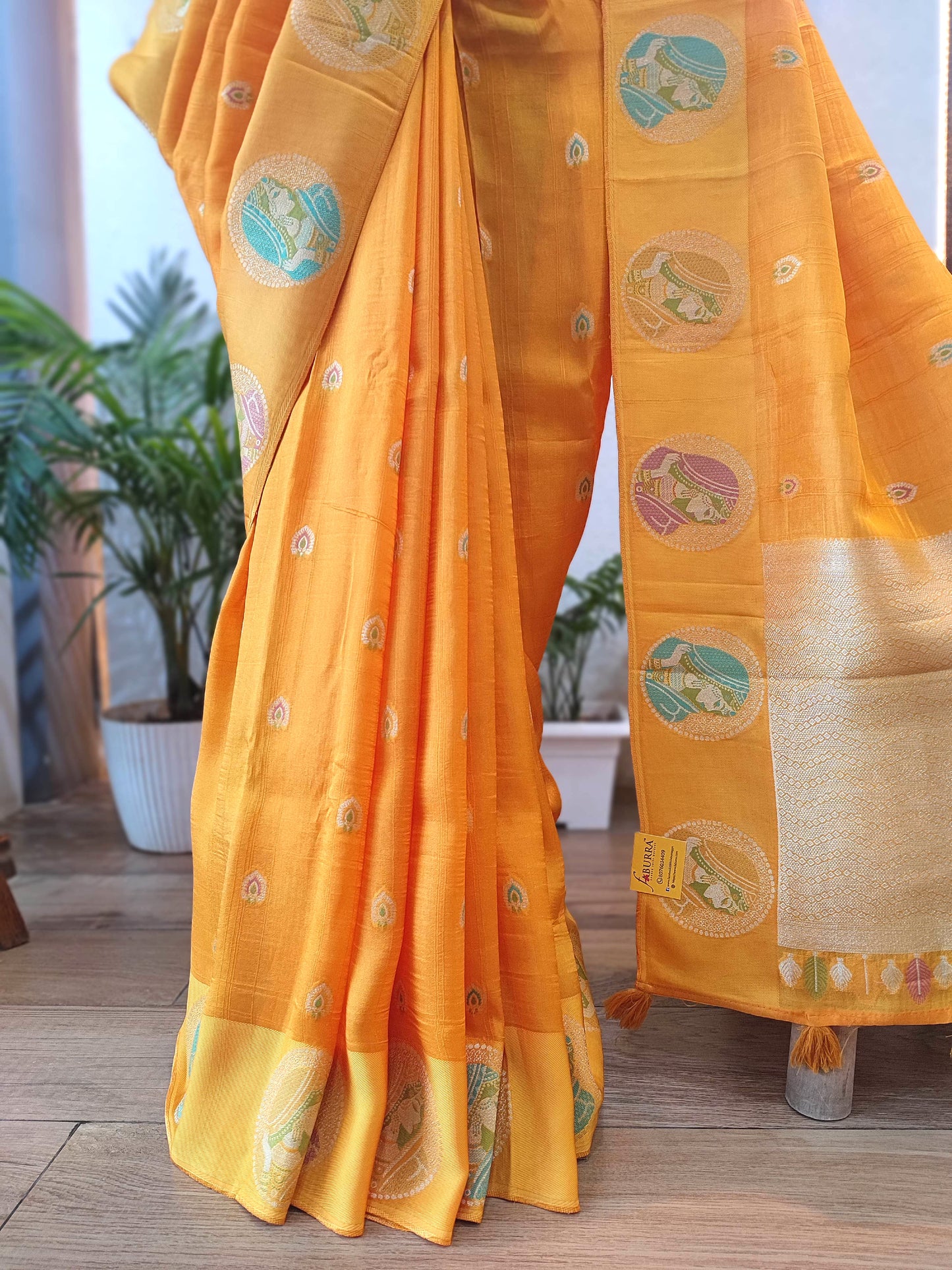 Yellow Crepe Silk Saree with Meenakari Banarasi Border | Ethnic Wear