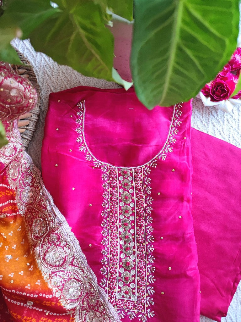 Pink Crepe Kurta Set with Handwork Neckline, Shantoon Bottom & Bandhej Dupatta