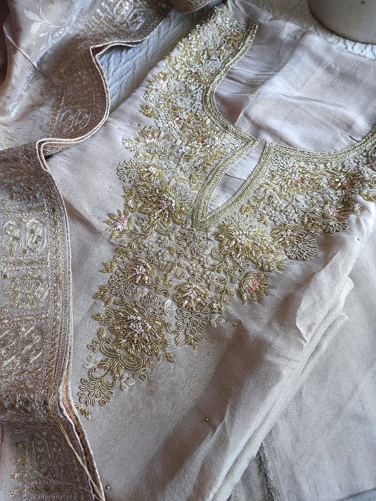 Beige Georgette Shimmer Unstitched Suit Material with Heavy Gold Handwork - Designer Suit Set