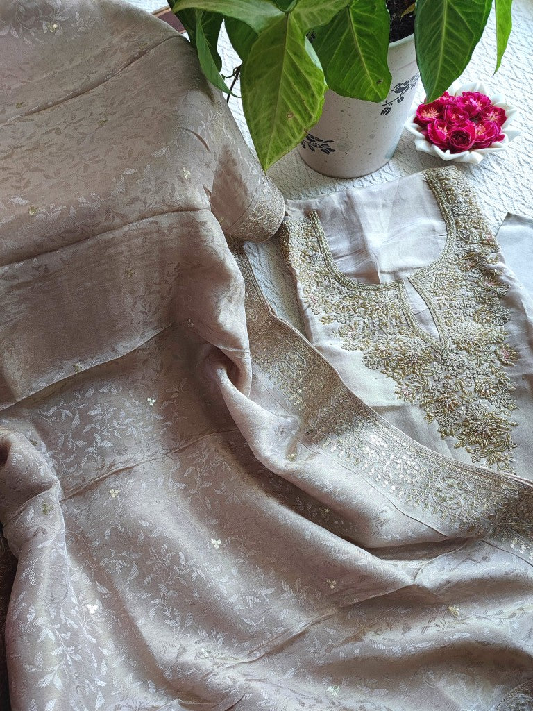 Beige Georgette Shimmer Unstitched Suit Material with Heavy Gold Handwork - Designer Suit Set