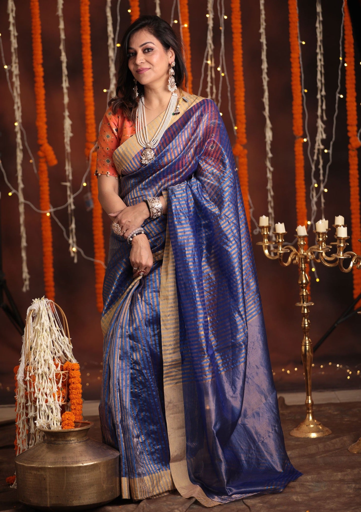 Violet Premium Pattu Silk Chanderi Saree with Stripes