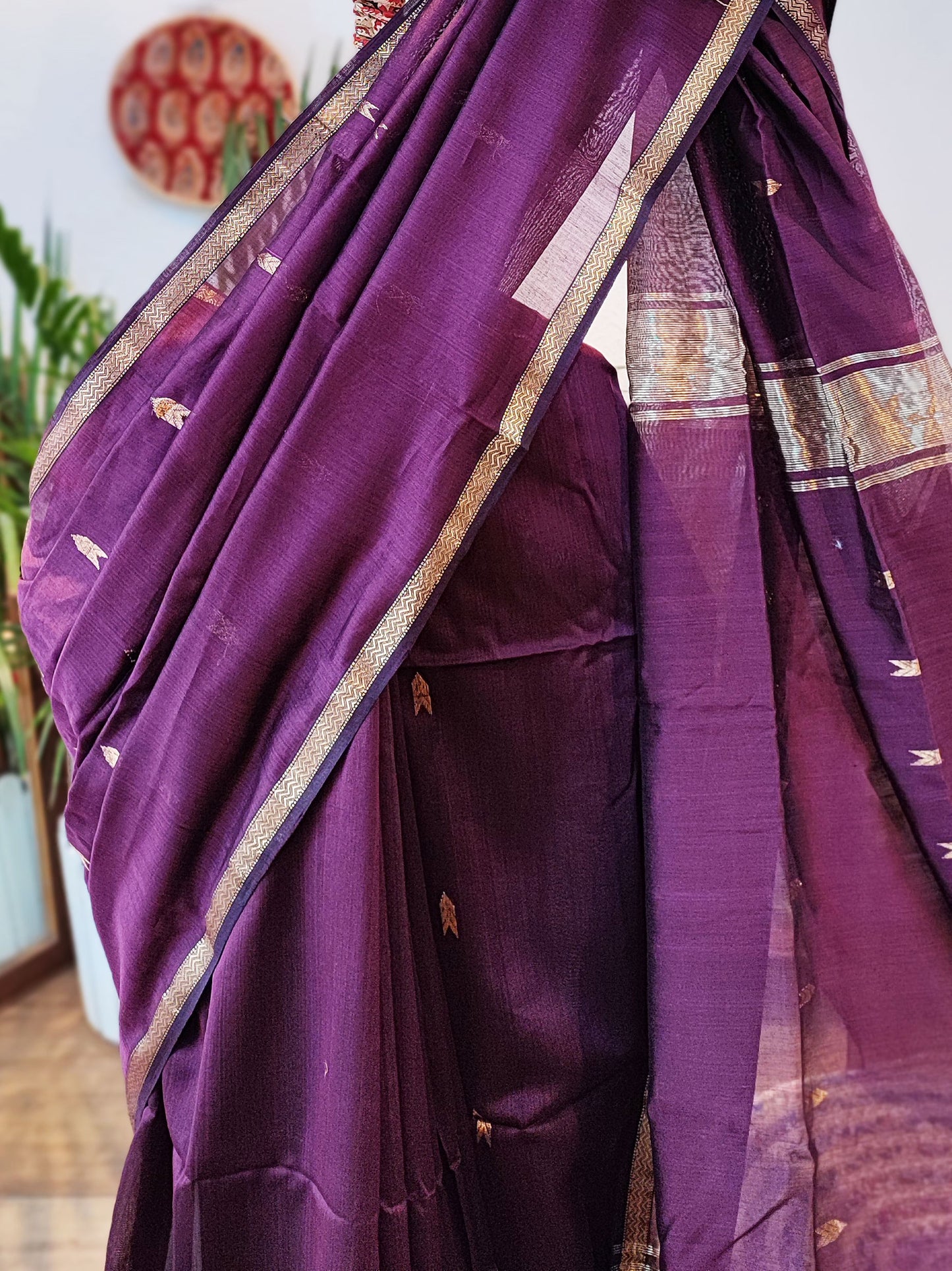 Midnight Purple Premium Maheshwari Silk Saree with Thin Zari Border
