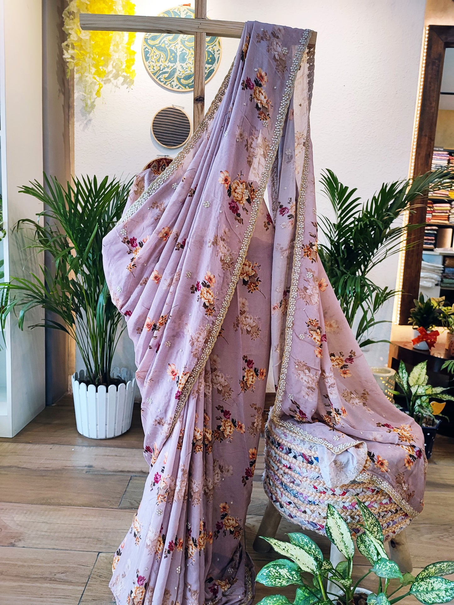 Light Lavender Partywear Chiffon Saree With Pearl Border Work
