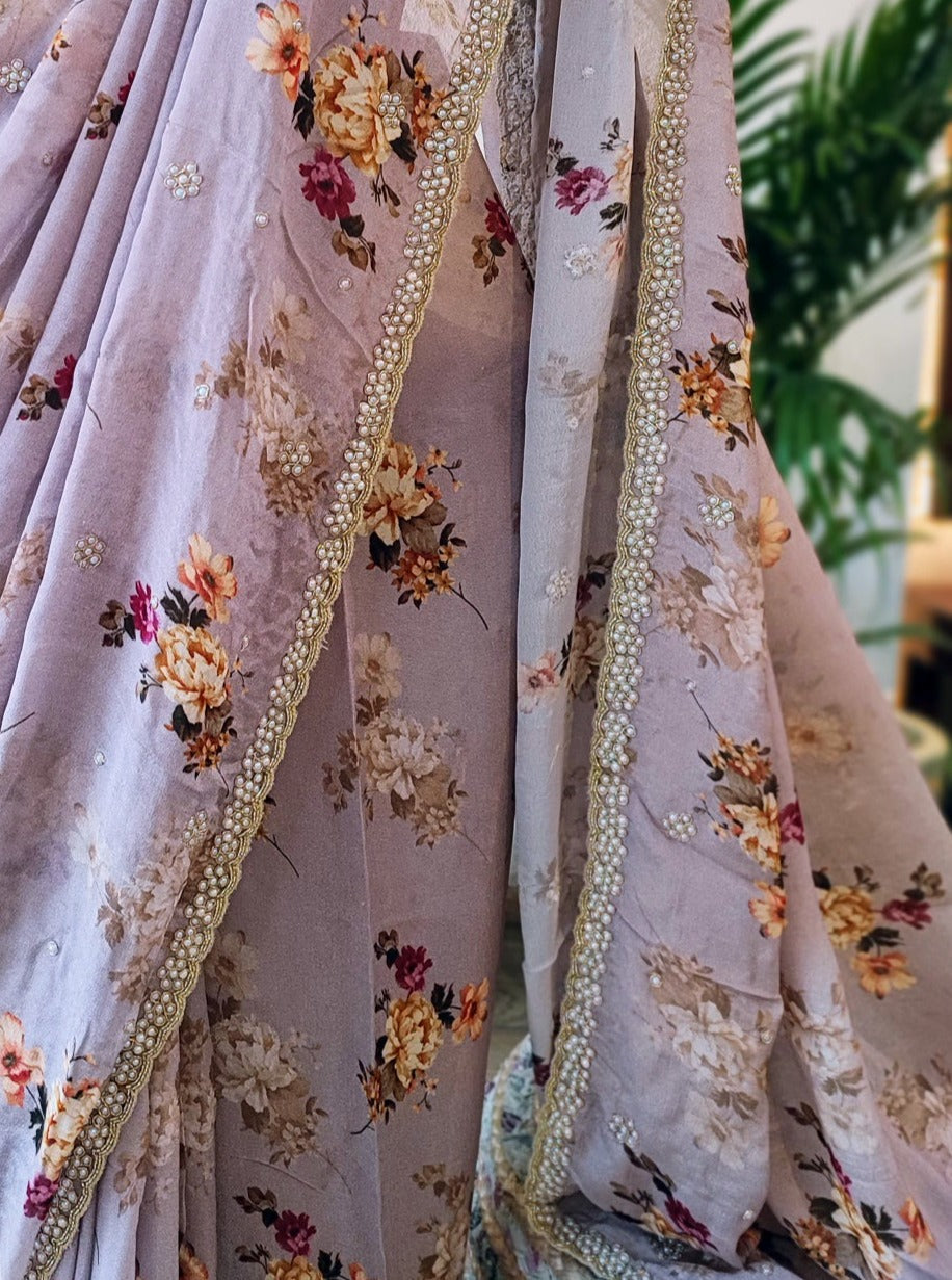 Light Lavender Partywear Chiffon Saree With Pearl Border Work