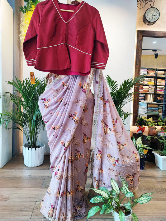 Light Lavender Partywear Chiffon Saree With Pearl Border Work