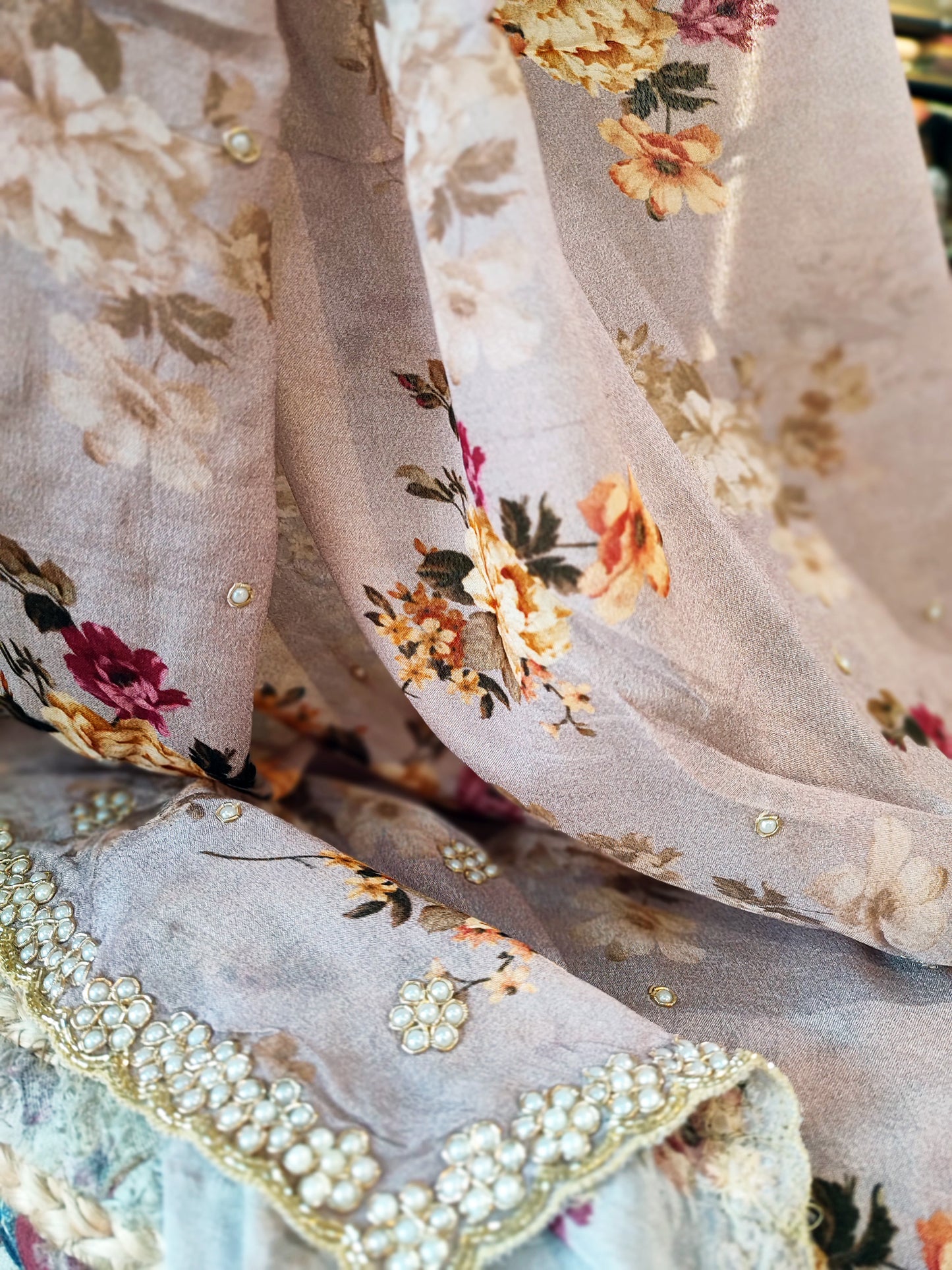 Light Lavender Partywear Chiffon Saree With Pearl Border Work