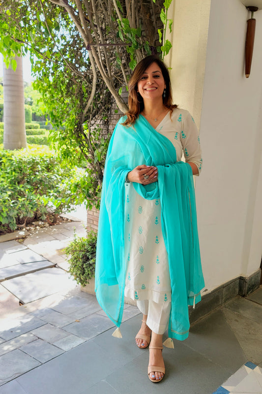 Off White Kora Cotton Suit With Blue Resham Motifs & Contrast Kota Dupatta