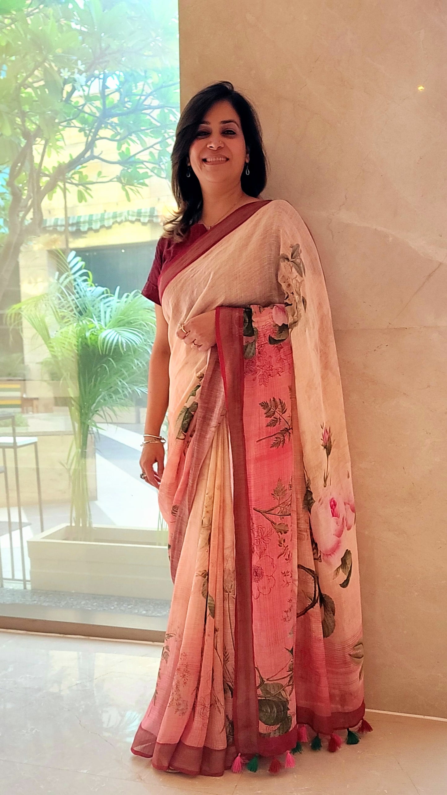 Peach and off white Floral print linen saree