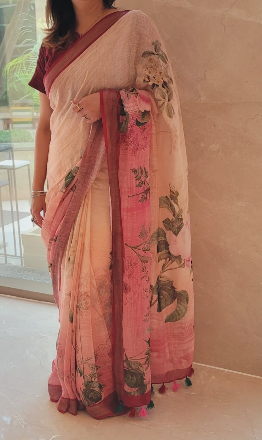 Peach and off white Floral print linen saree