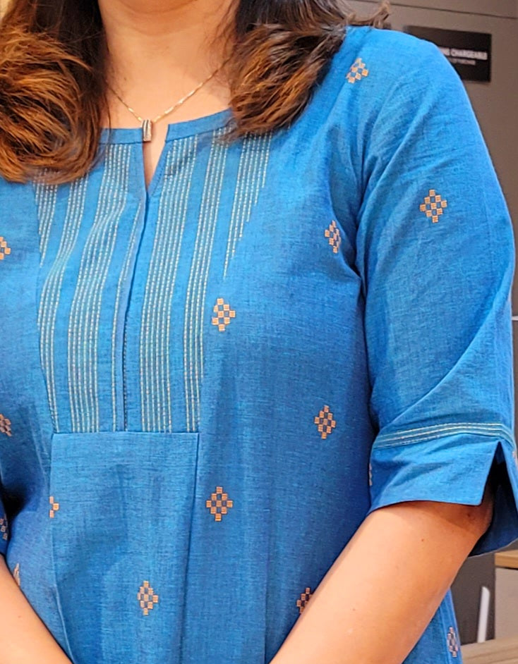 Azure Blue Handloom Cotton Kurta & Pant Set with Self Weaving Motifs