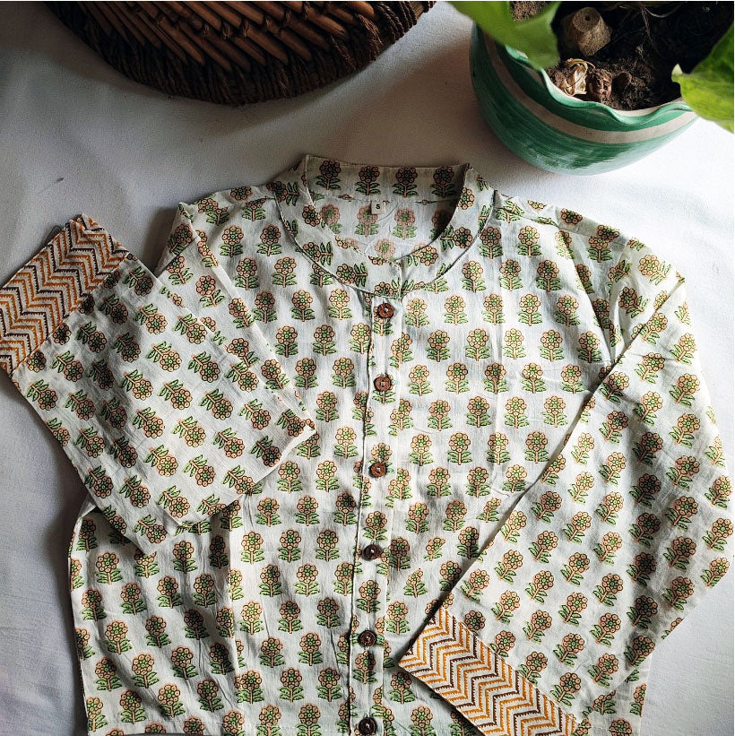 Creamy Beige Pure Cotton Handblock Printed Contemporary Blouse/ Crop Top