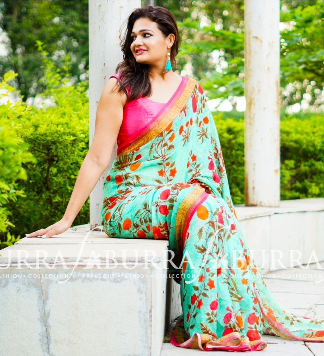 Sea Green Pure Linen Saree with Floral Print With Contrasting Blouse