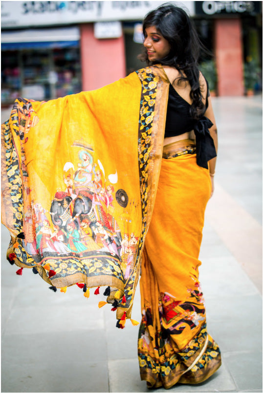 Yellow Blue Pure Linen Saree with Mughal Prints With Running Blouse